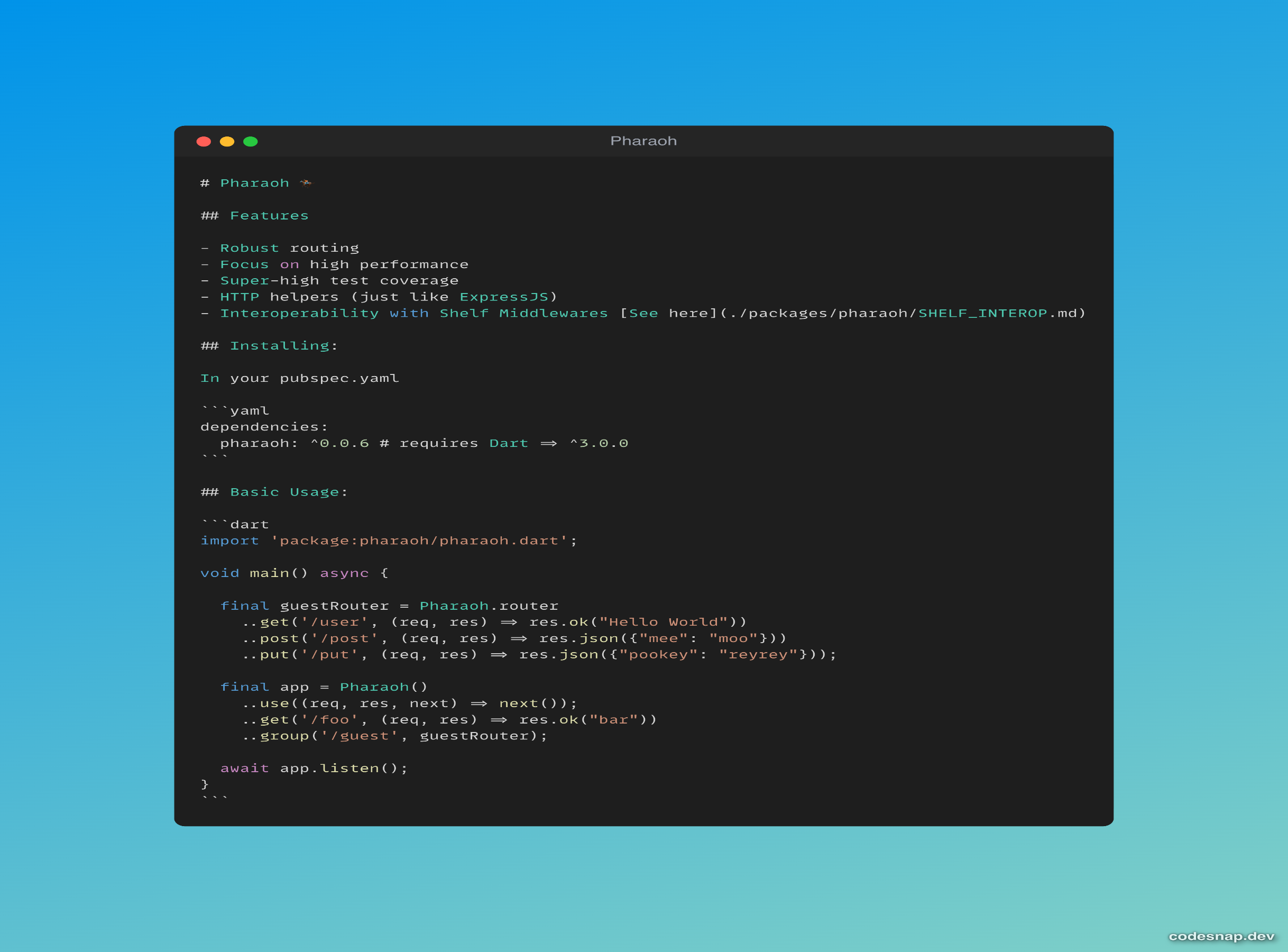 Pharaoh — ExpressJS-inspired backend framework for Dart